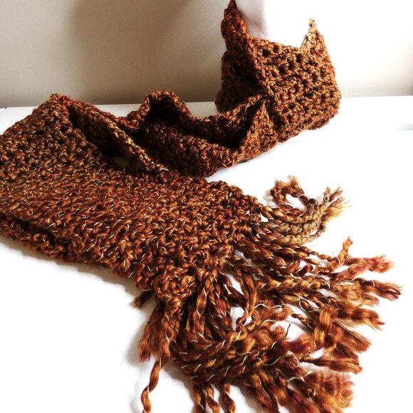 Brown Scarf Extra Long 104x5 Handmade Crochet Hand Knit Winter Warm Retro NWT - Picture 1 of 11